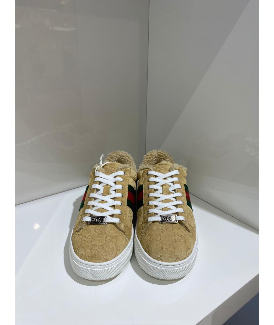 GUCCI Бежевые кожаные кроссовки, фото 3