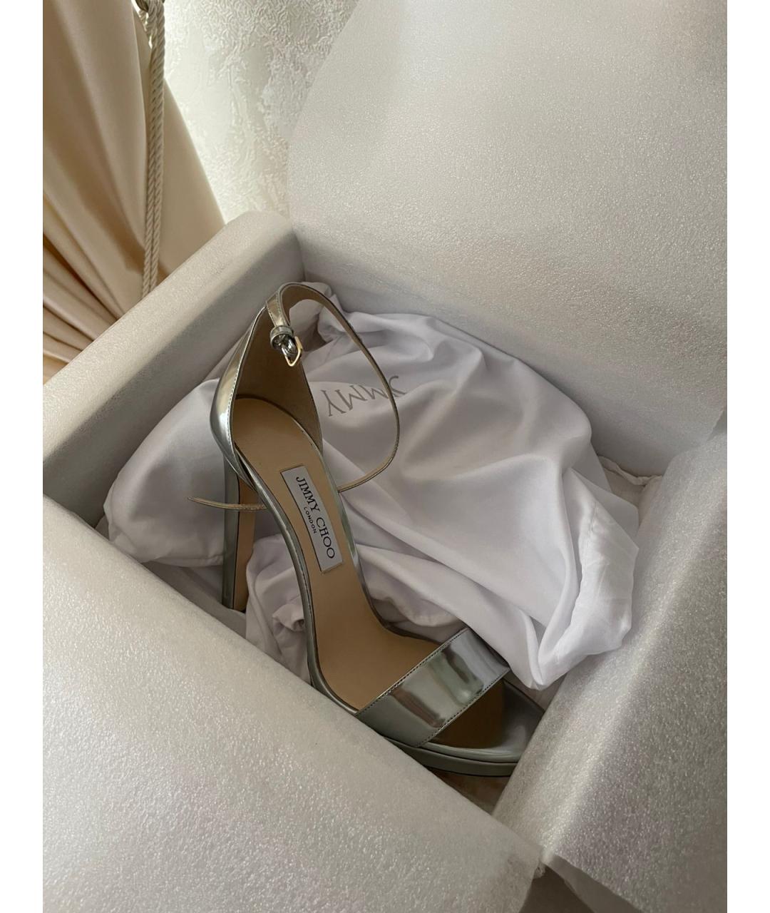 JIMMY CHOO Серебряные кожаные босоножки, фото 6