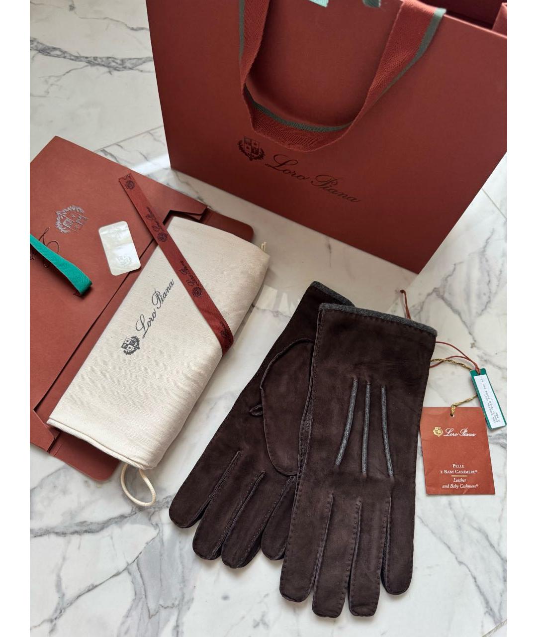LORO PIANA Коричневые кожаные перчатки, фото 2