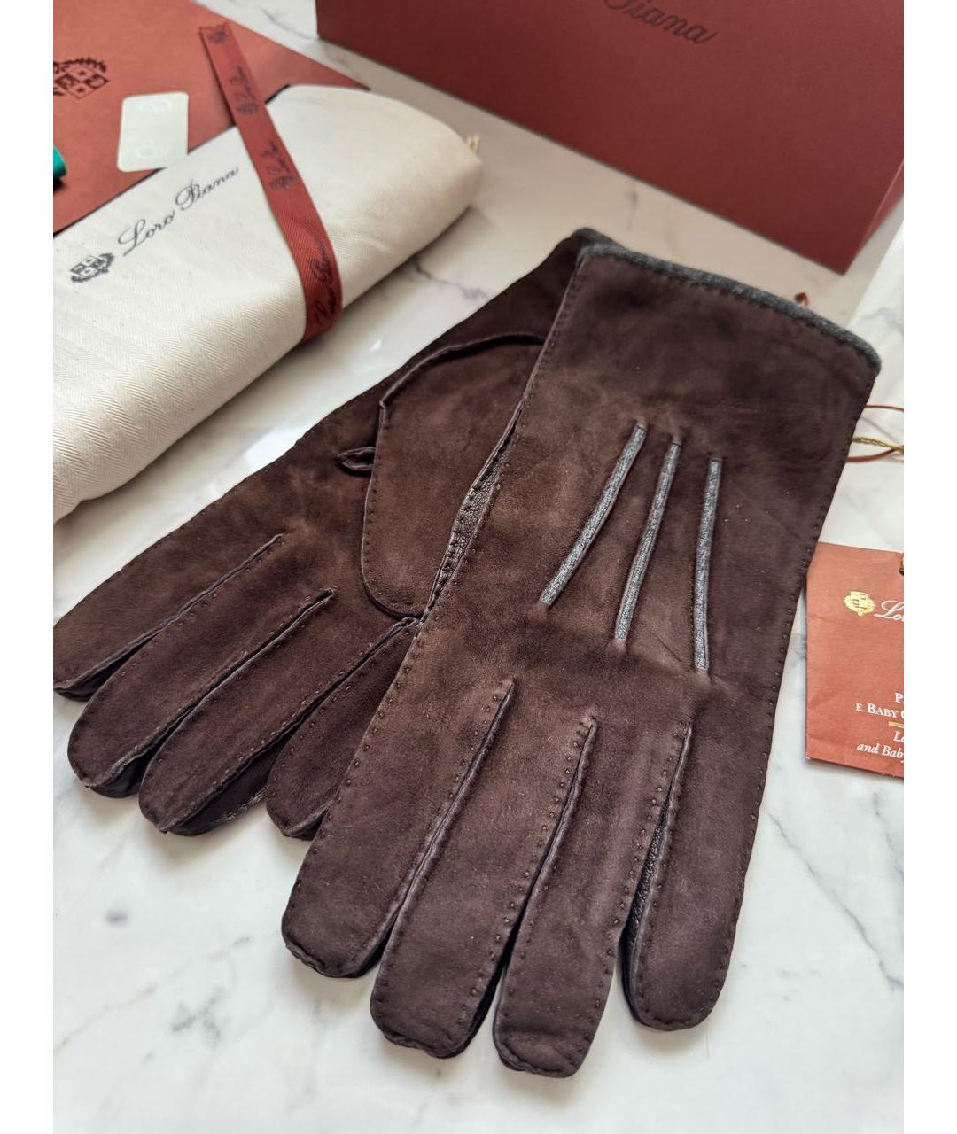 LORO PIANA Коричневые кожаные перчатки, фото 3