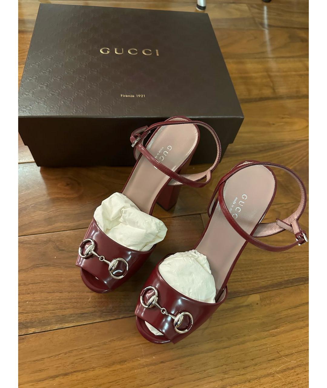 GUCCI Бордовые кожаные босоножки, фото 2