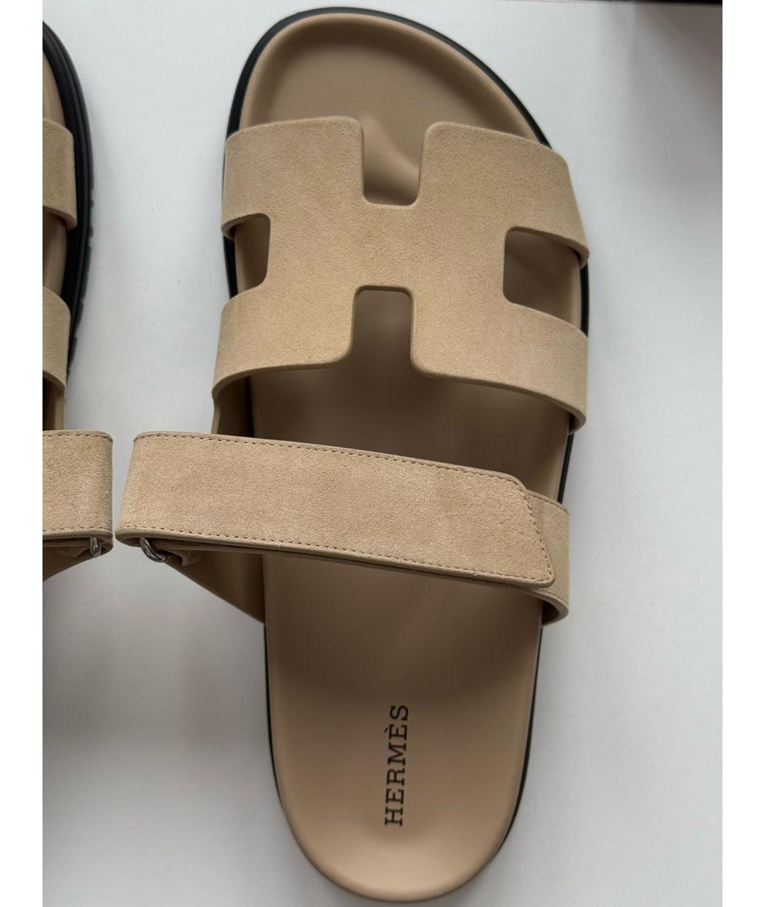 HERMES Бежевые замшевые шлепанцы, фото 2