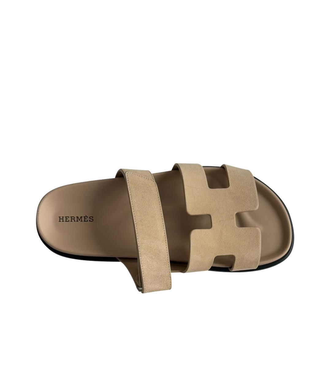 HERMES Бежевые замшевые шлепанцы, фото 1