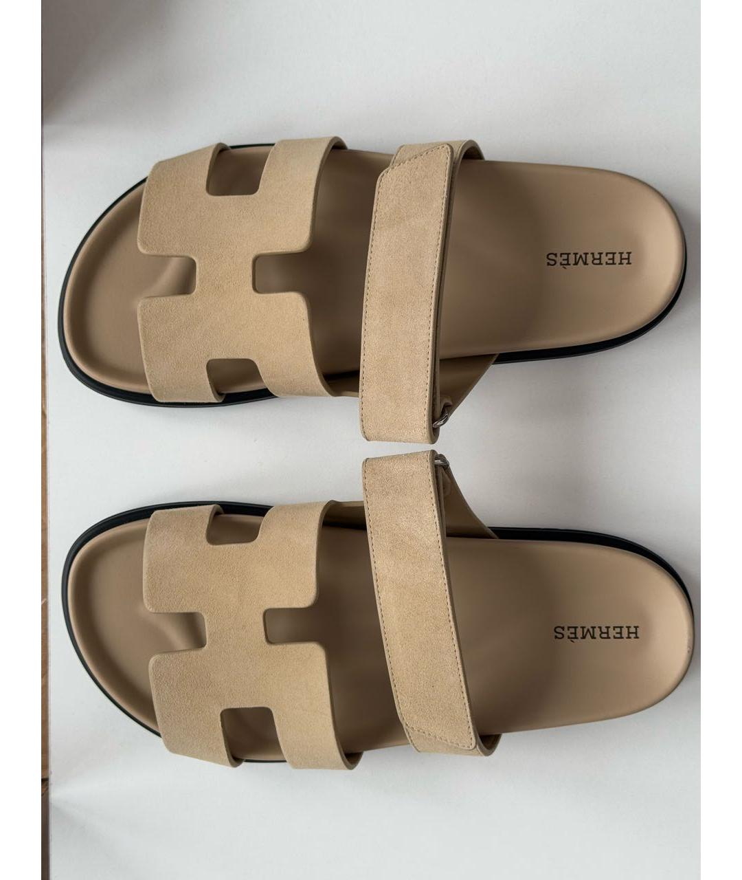 HERMES Бежевые замшевые шлепанцы, фото 8