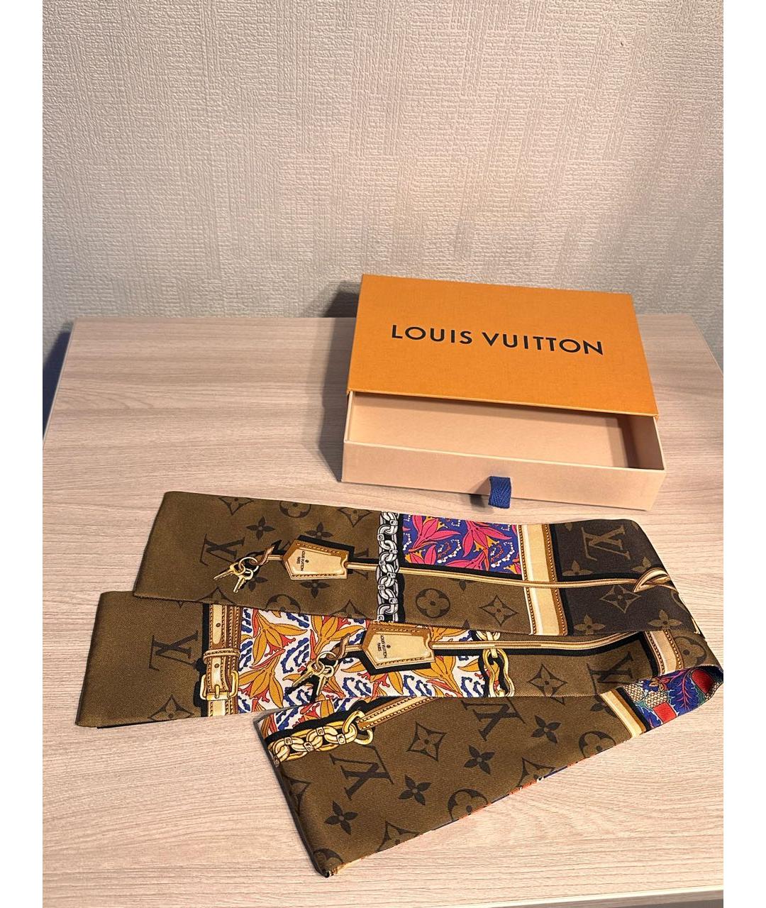 LOUIS VUITTON Коричневый шелковый шарф, фото 3