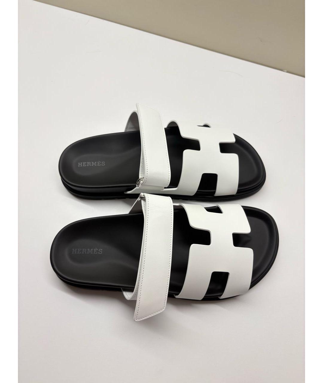 HERMES Белые кожаные шлепанцы, фото 5