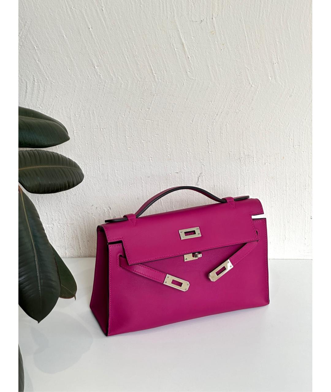 HERMES Фуксия кожаная сумка с короткими ручками, фото 3