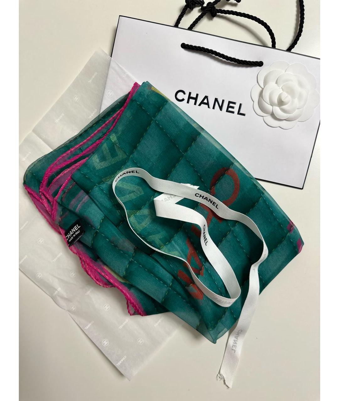 CHANEL Зеленый шелковый шарф, фото 7