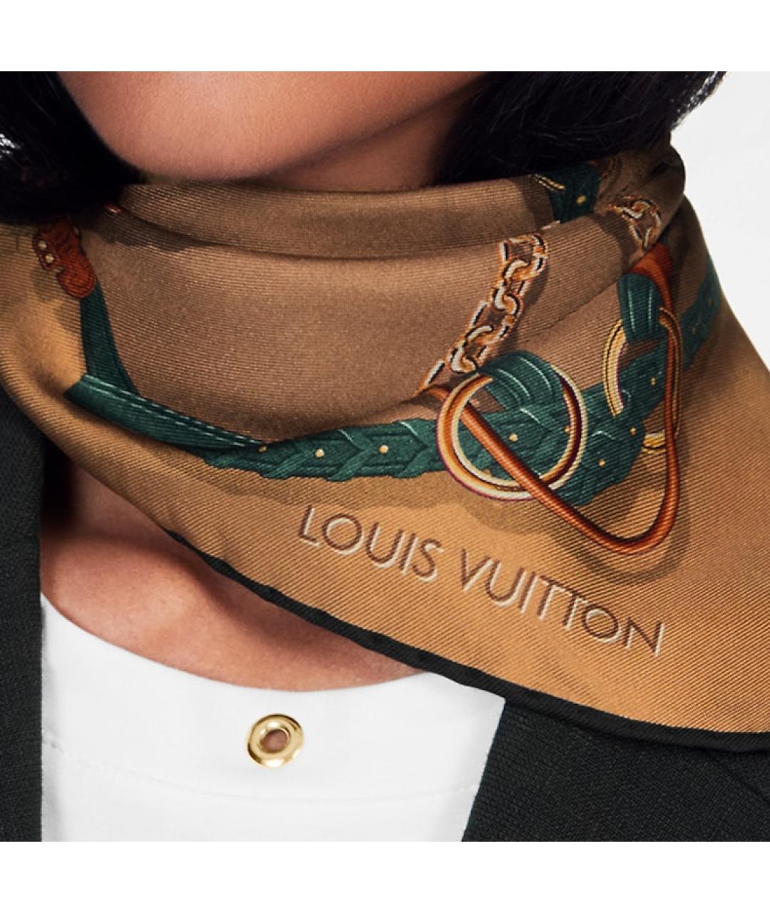 LOUIS VUITTON Коричневый шелковый шарф, фото 4