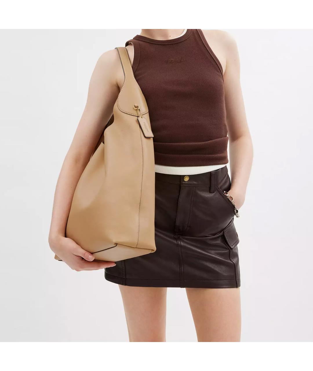 COACH Бежевая кожаная сумка через плечо, фото 5