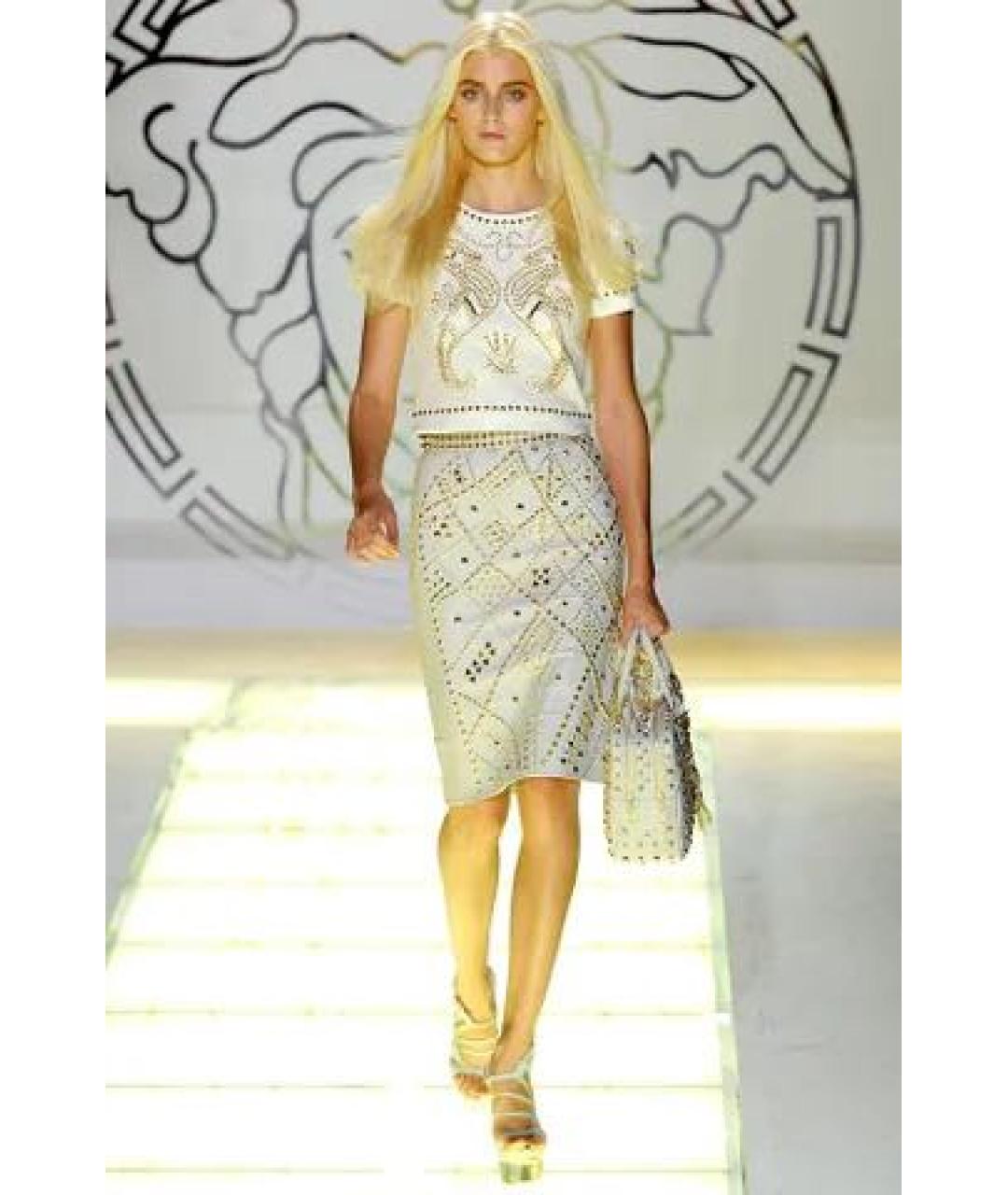 VERSACE Белая кожаная юбка миди, фото 2