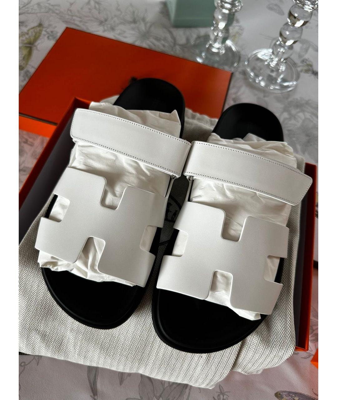 HERMES Белые кожаные шлепанцы, фото 8