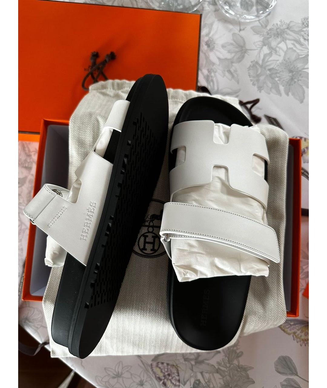 HERMES Белые кожаные шлепанцы, фото 7