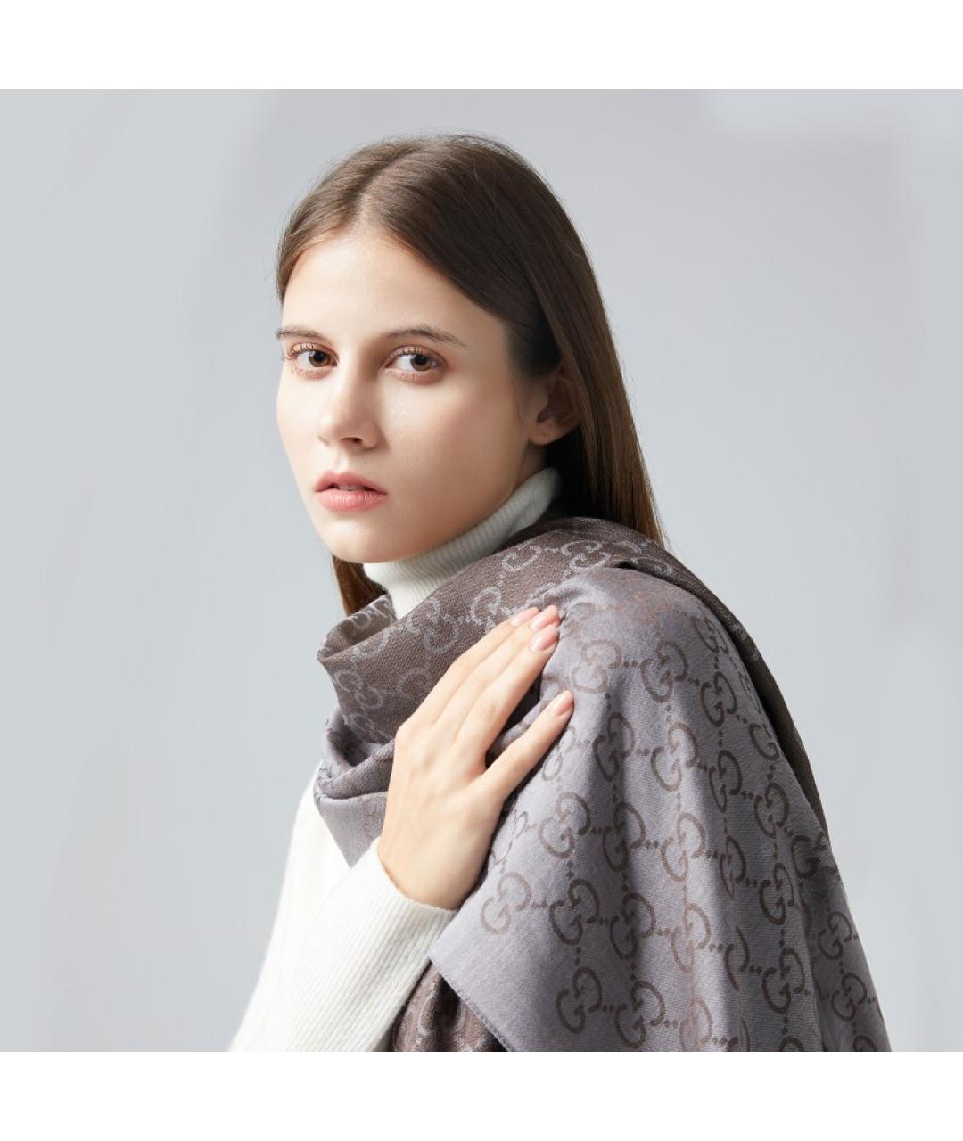 GUCCI Серый шерстяной шарф, фото 3