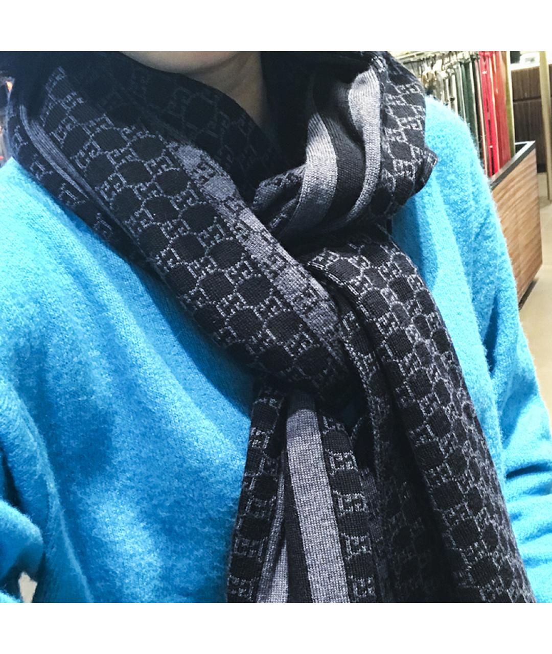 GUCCI Темно-синий шерстяной шарф, фото 4