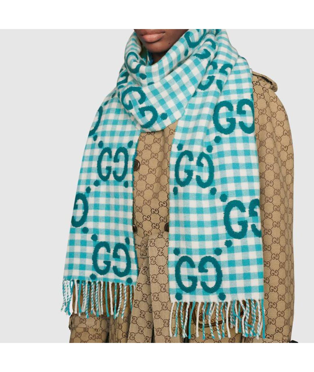 GUCCI Голубой кашемировый шарф, фото 3