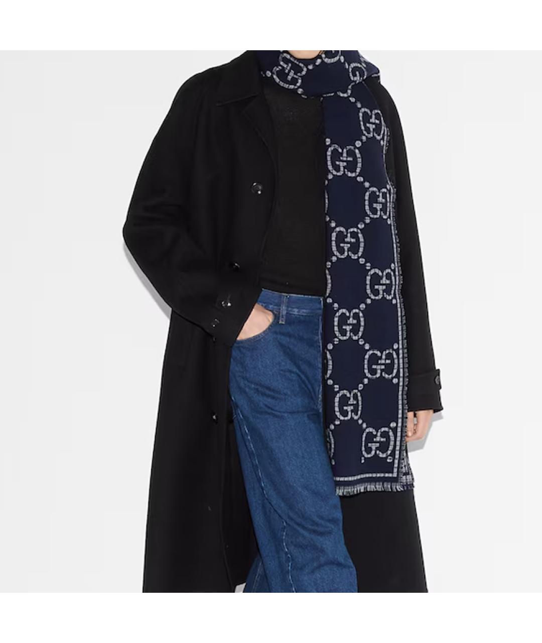 GUCCI Темно-синий шерстяной шарф, фото 3