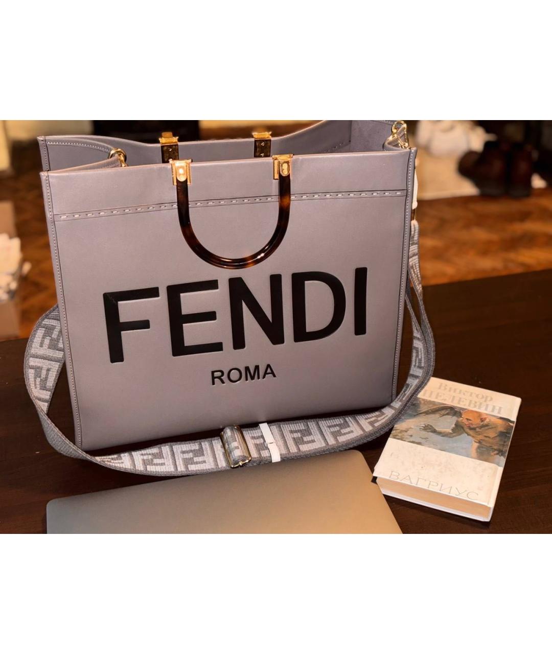 FENDI Серая кожаная сумка тоут, фото 8