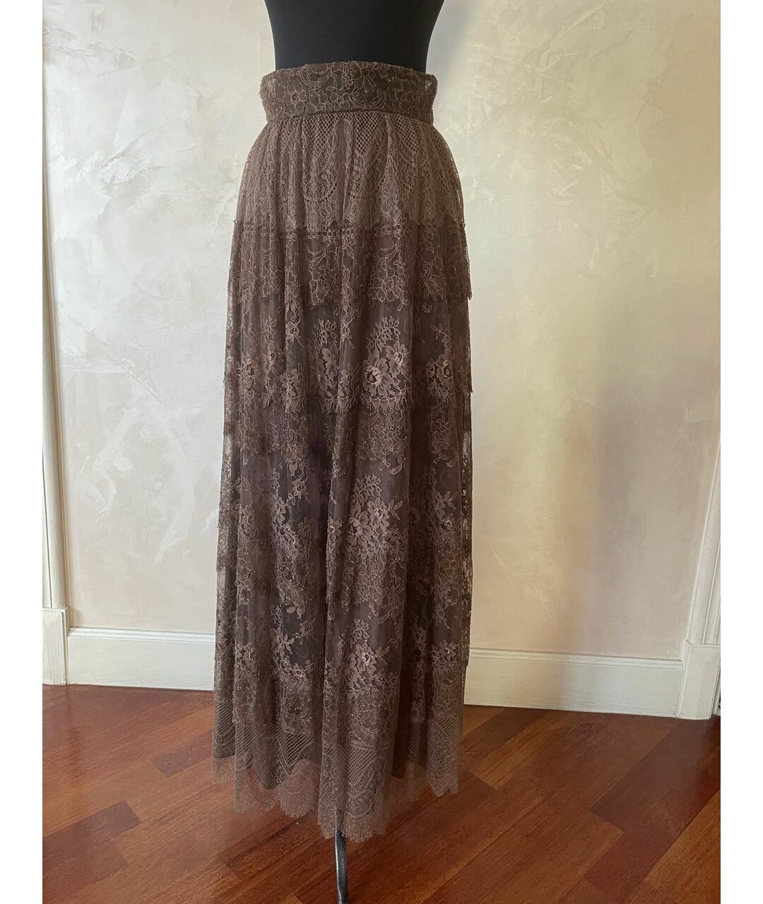 VALENTINO Коричневая кружевная юбка макси, фото 3
