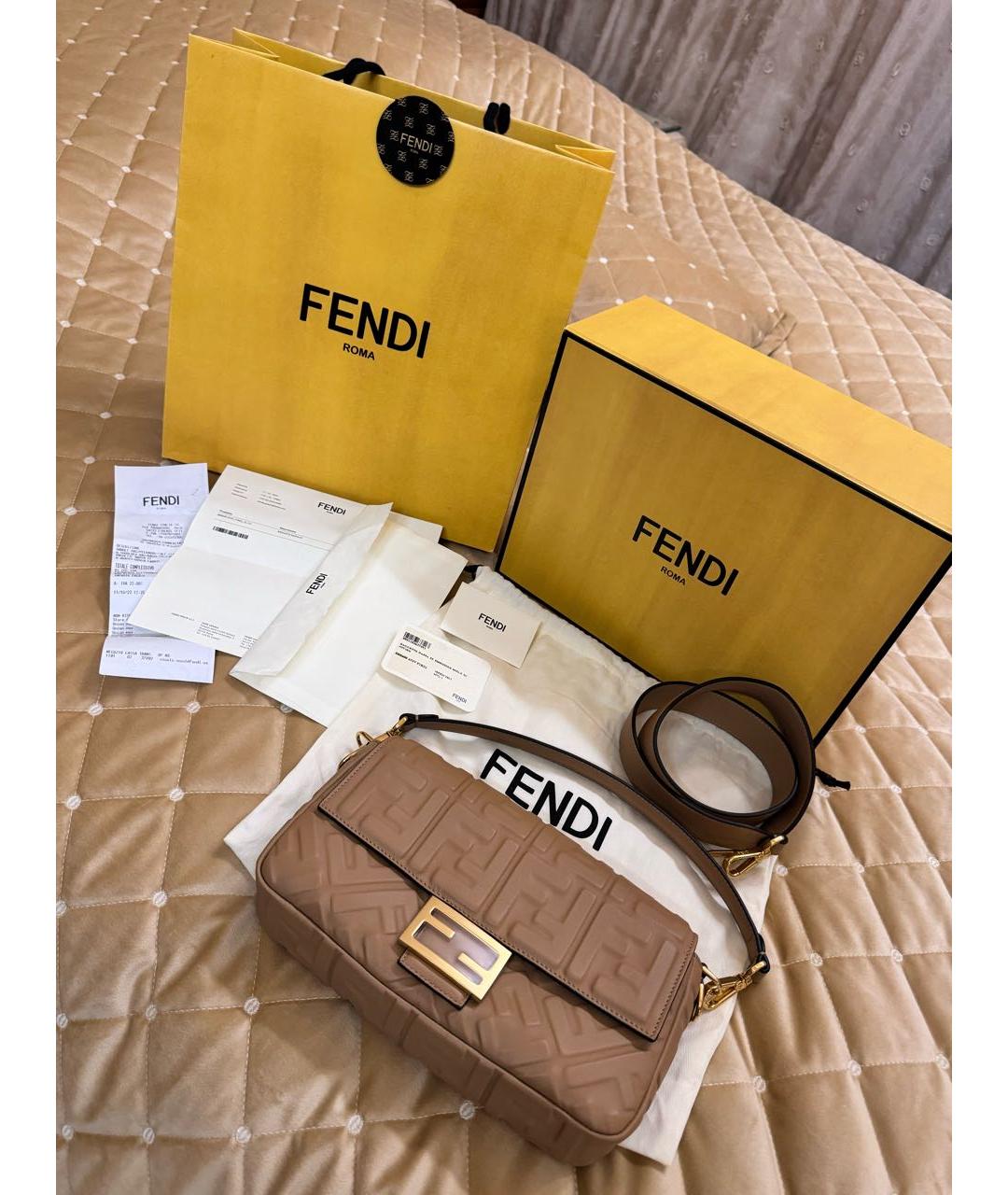 FENDI Бежевая кожаная сумка через плечо, фото 5