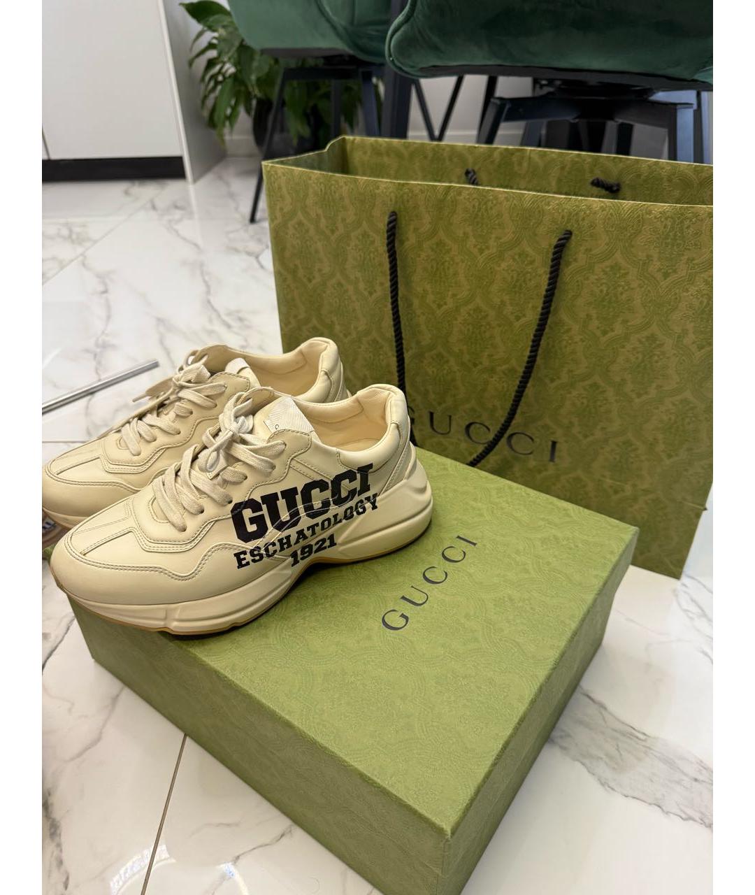 GUCCI Бежевые кожаные кроссовки, фото 6