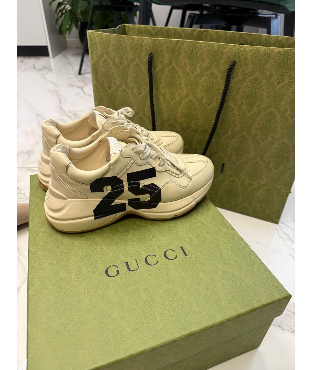 GUCCI Бежевые кожаные кроссовки, фото 5