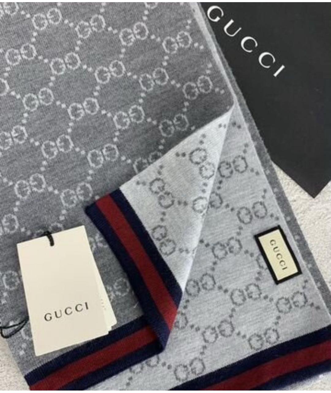 GUCCI Серый шерстяной шарф, фото 2