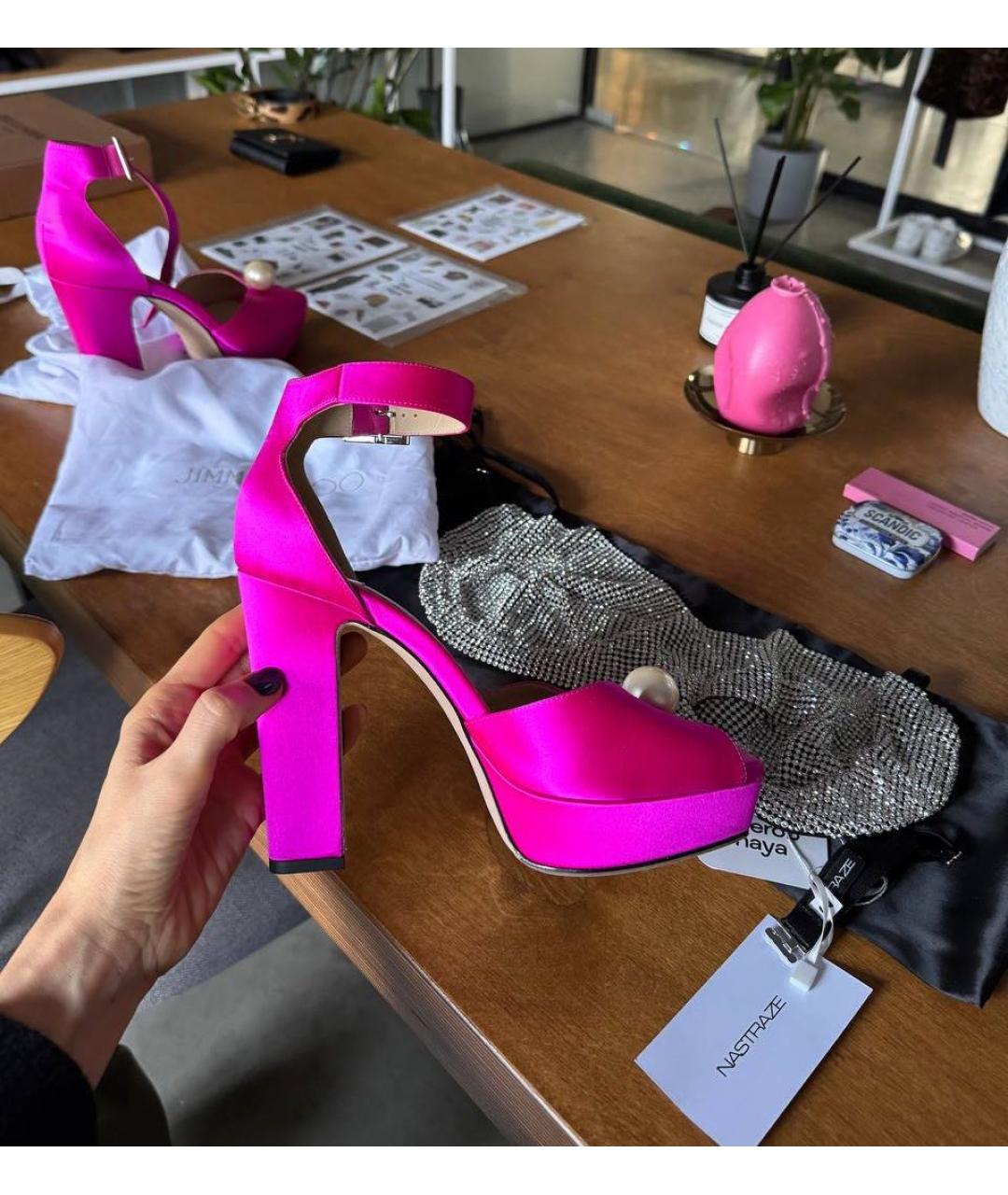 JIMMY CHOO Фуксия текстильные босоножки, фото 7