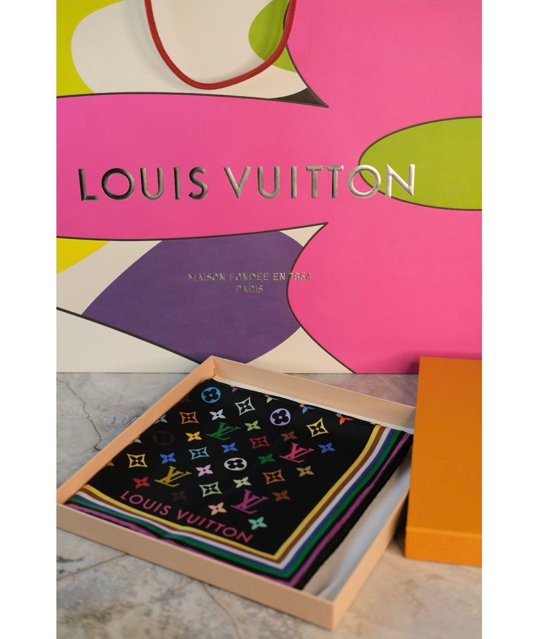 LOUIS VUITTON Черный шелковый платок, фото 4