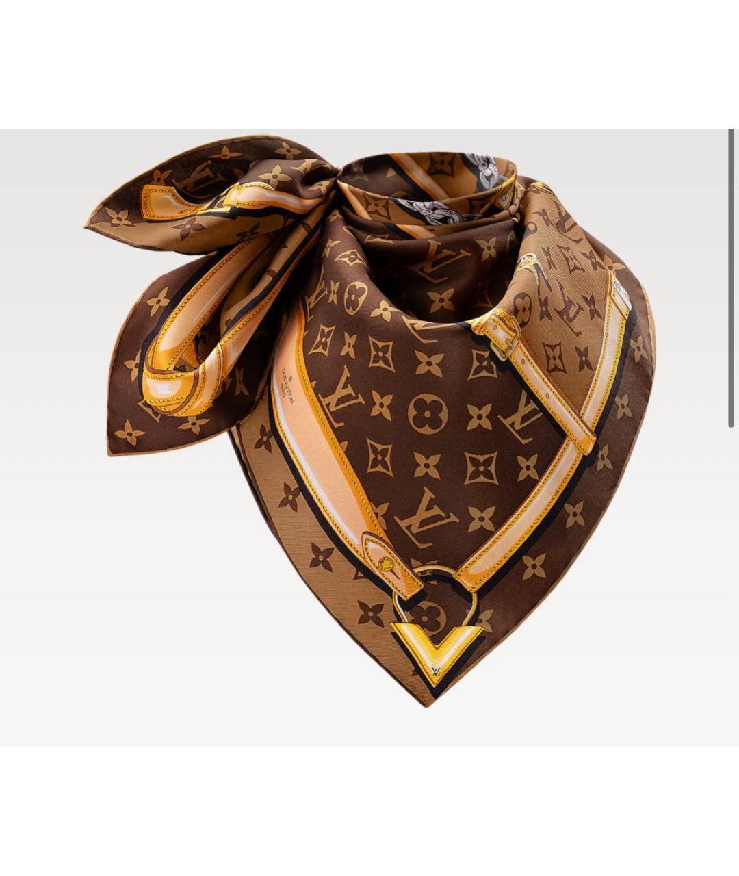 LOUIS VUITTON Коричневый шелковый платок, фото 2