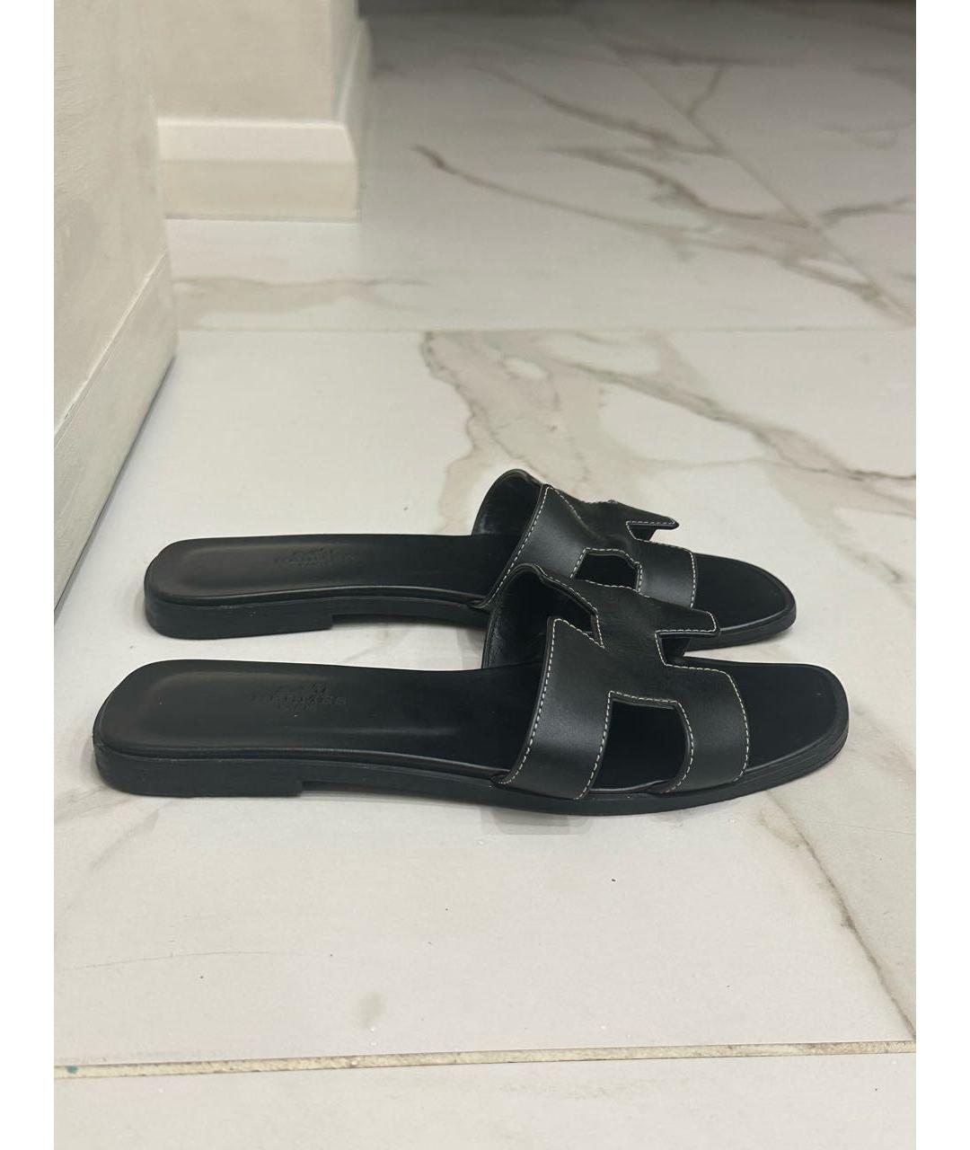 HERMES Черные кожаные шлепанцы, фото 3
