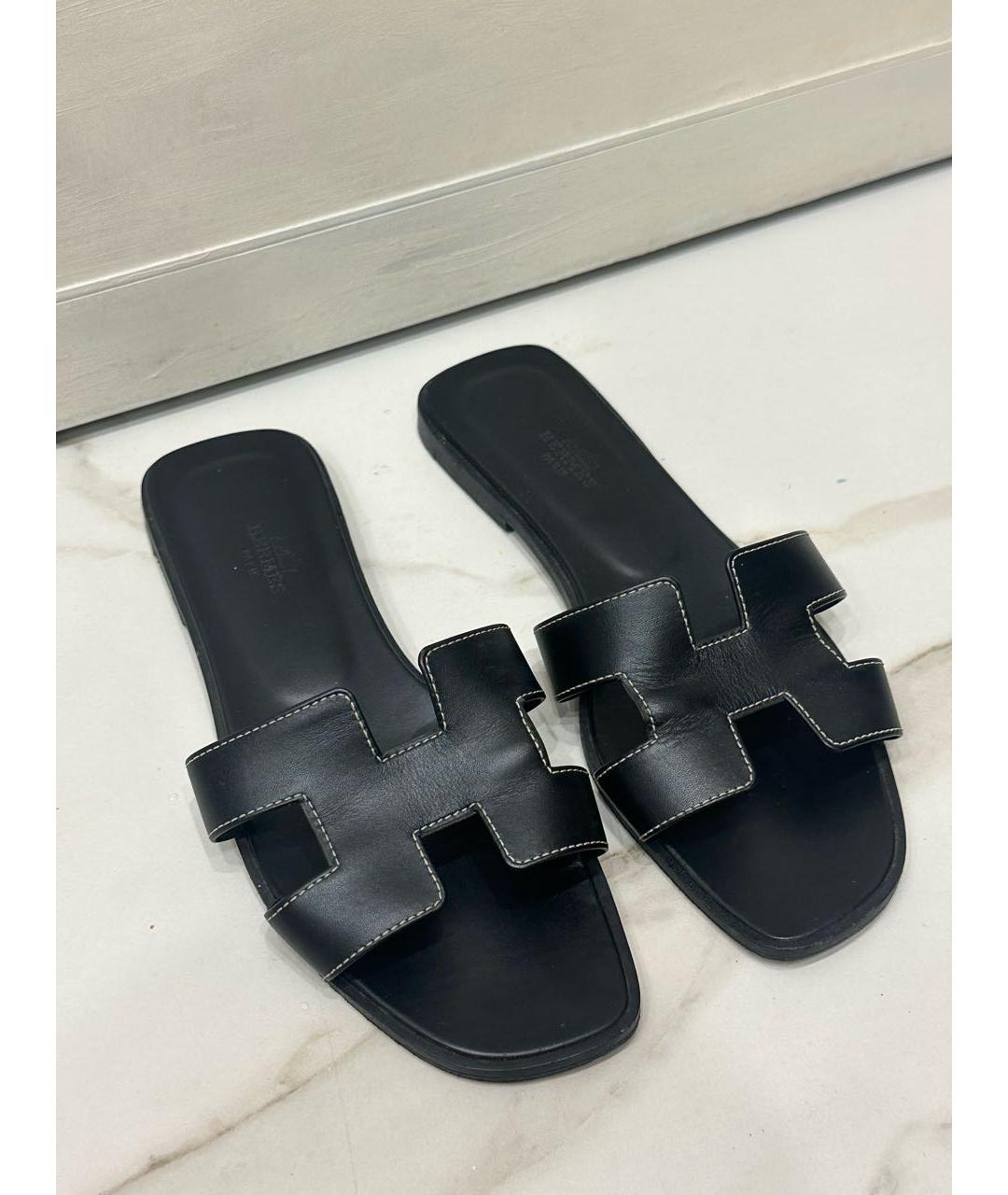 HERMES Черные кожаные шлепанцы, фото 2