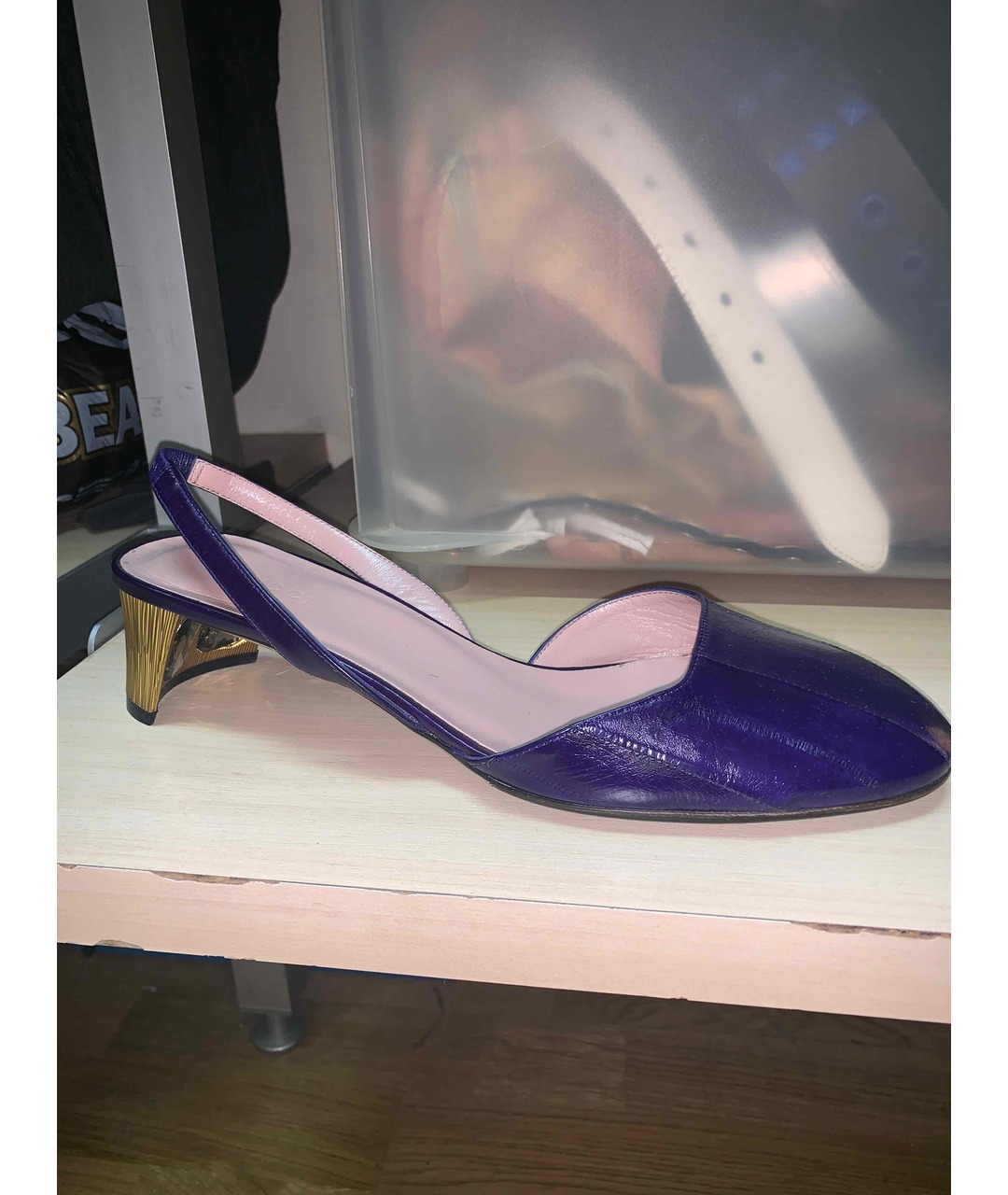 GUCCI Фиолетовые лодочки на низком каблуке из экзотической кожи, фото 5