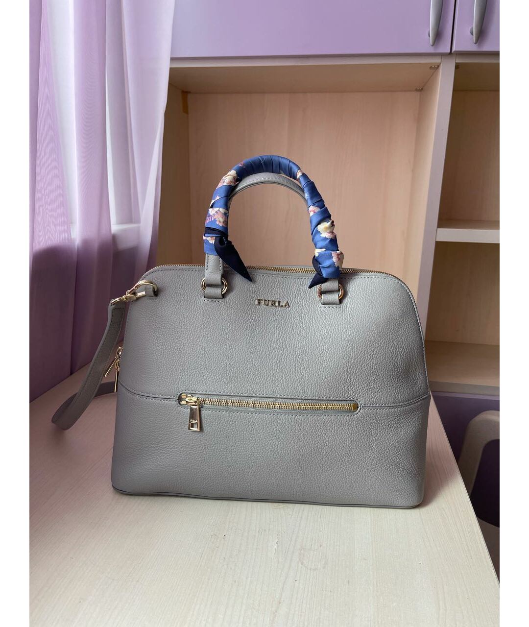 FURLA Серая кожаная сумка тоут, фото 7