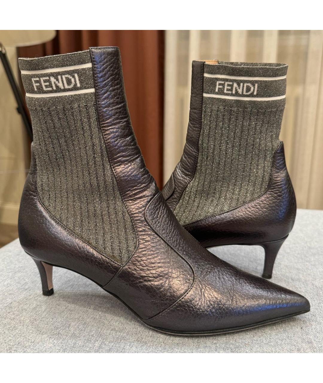 FENDI Антрацитовые кожаные ботильоны, фото 5