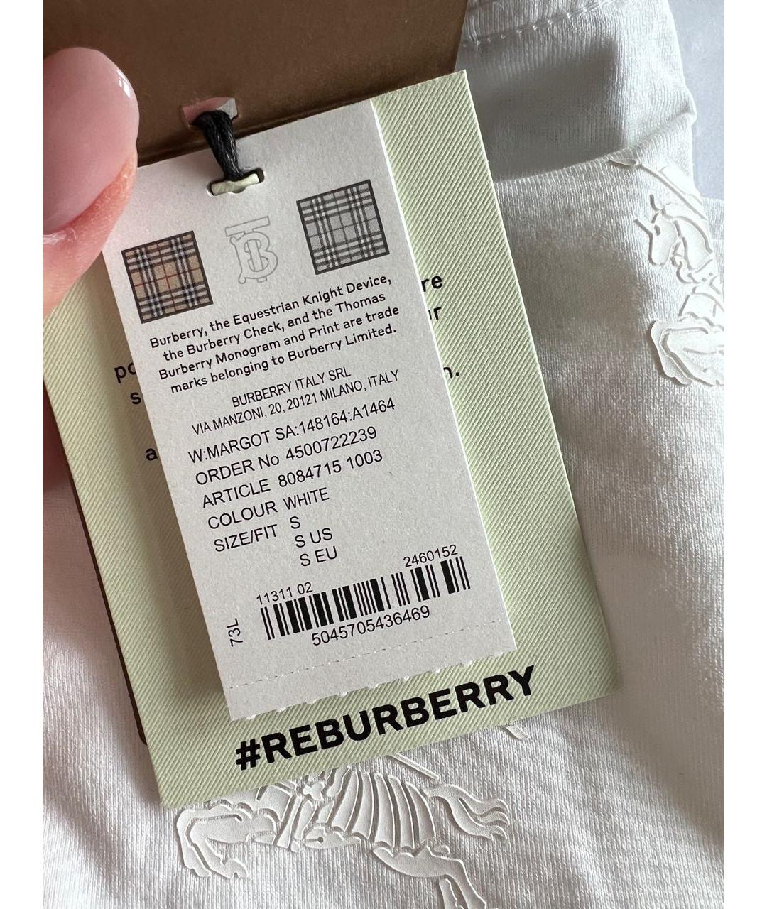 BURBERRY Белая хлопковая футболка, фото 6