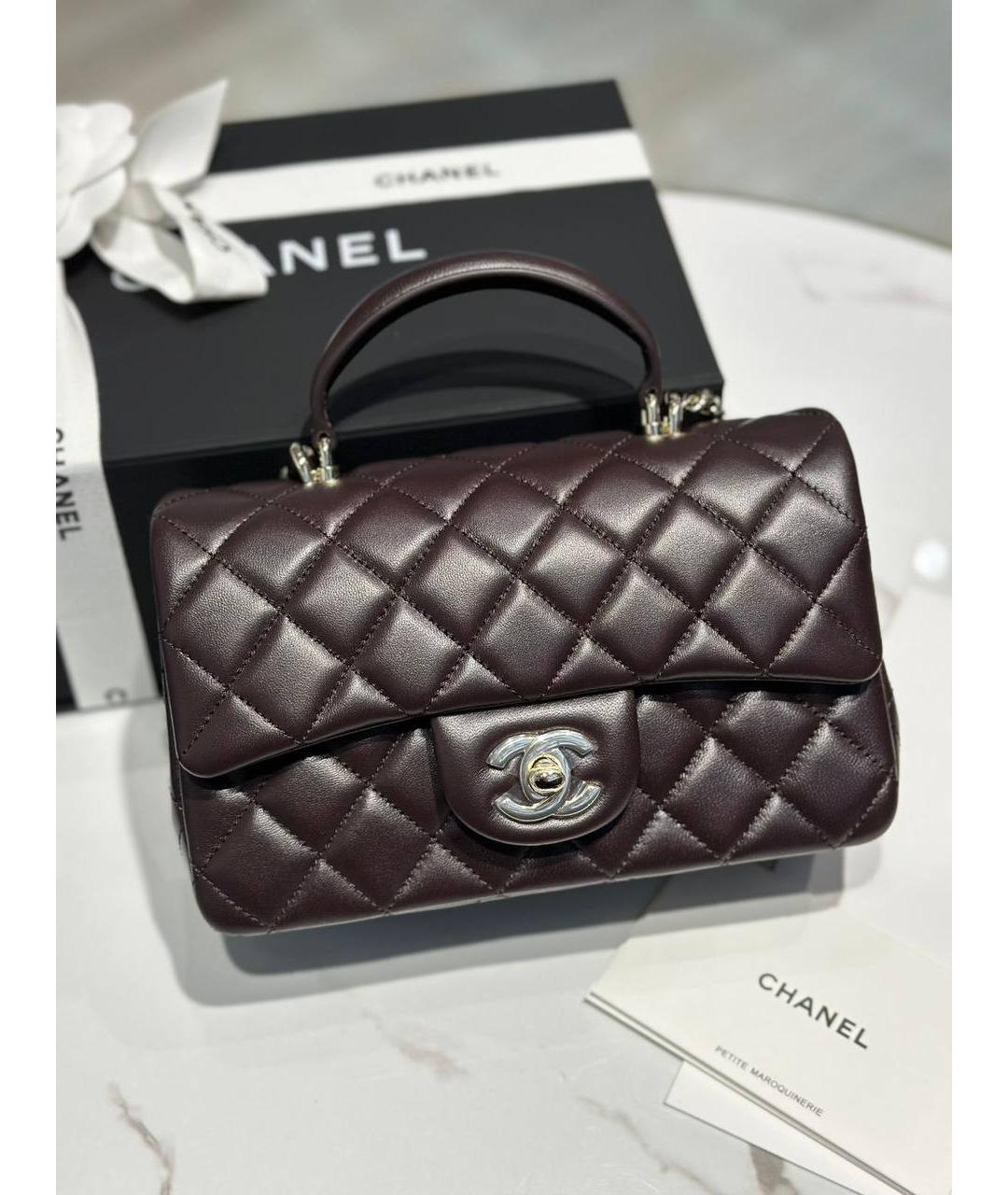 CHANEL Коричневая кожаная сумка с короткими ручками, фото 6