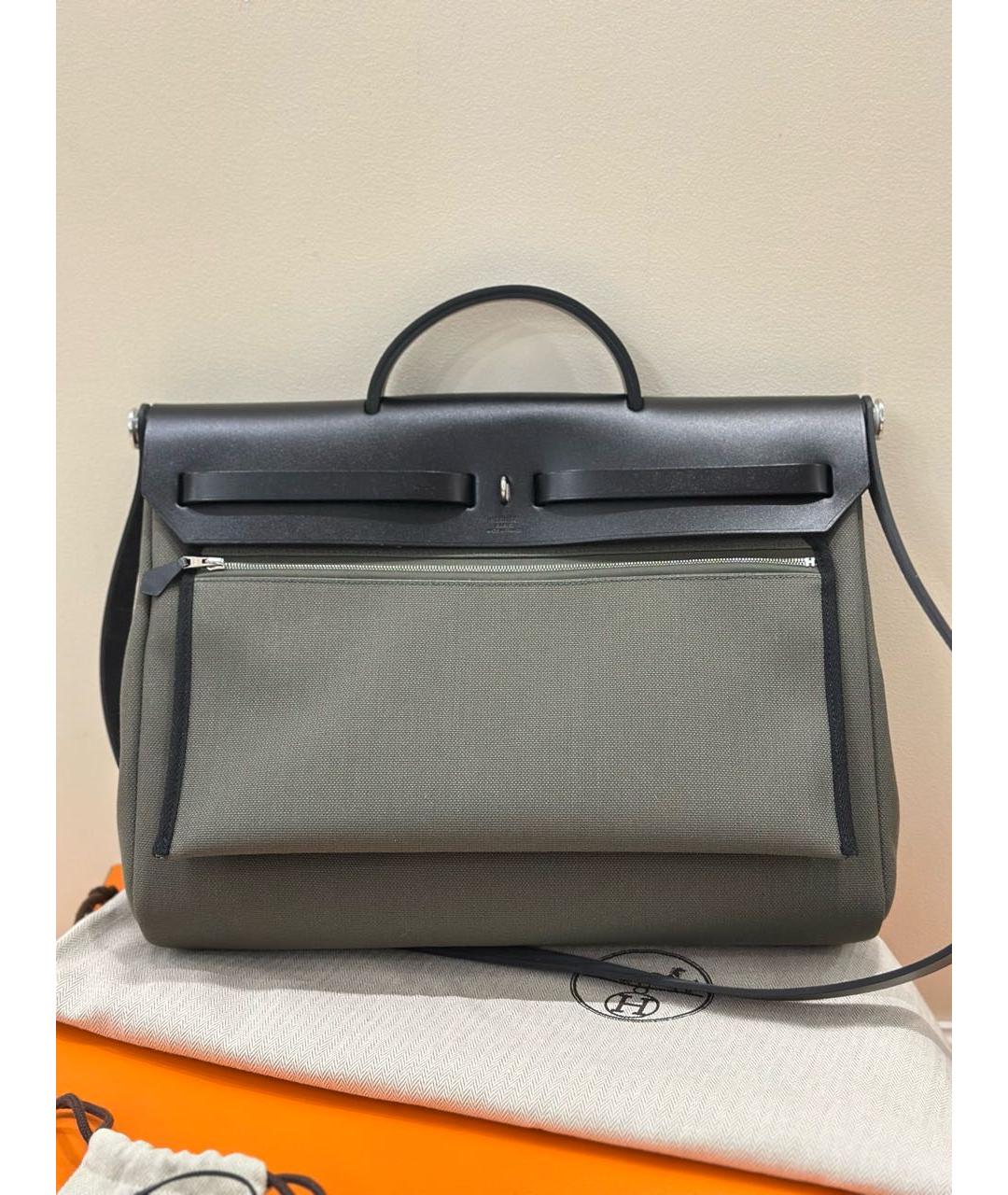 HERMES Хаки тканевая сумка с короткими ручками, фото 3