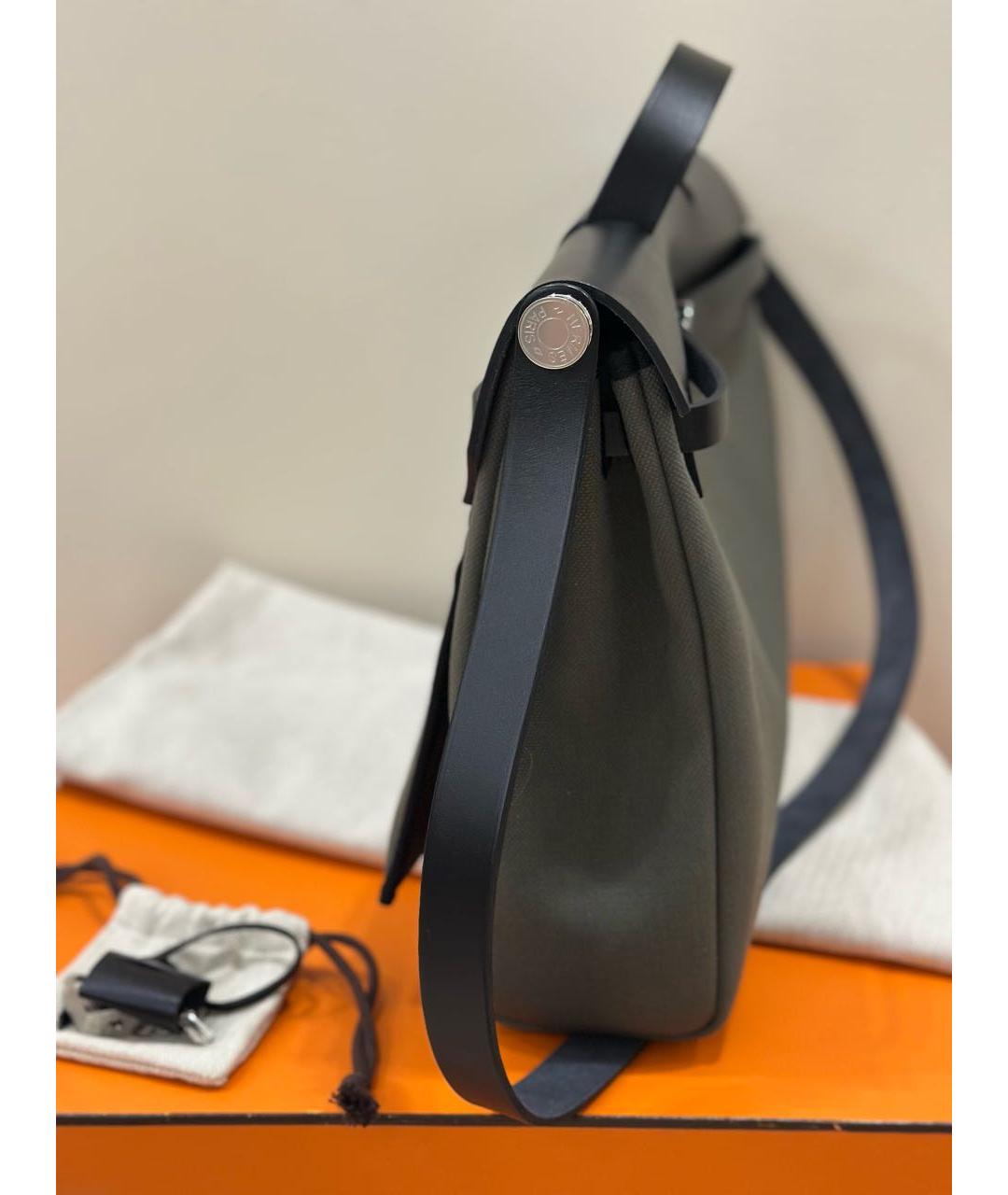 HERMES Хаки тканевая сумка с короткими ручками, фото 2