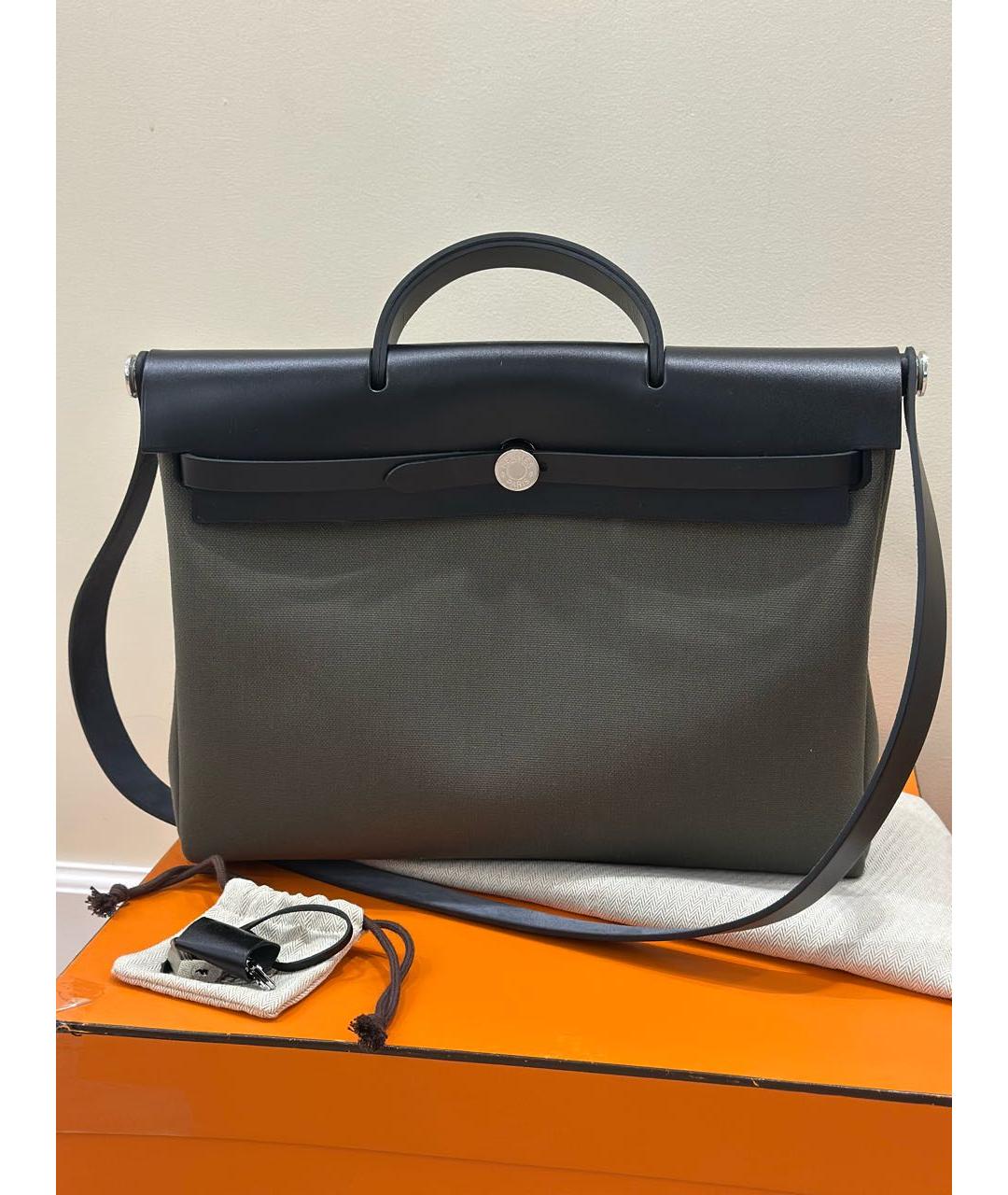 HERMES Хаки тканевая сумка с короткими ручками, фото 8