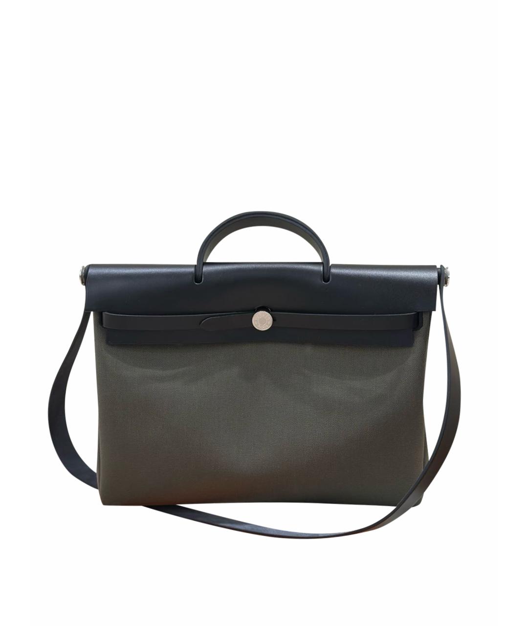 HERMES Хаки тканевая сумка с короткими ручками, фото 1