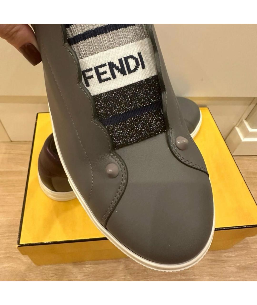 FENDI Серые кожаные кеды, фото 5