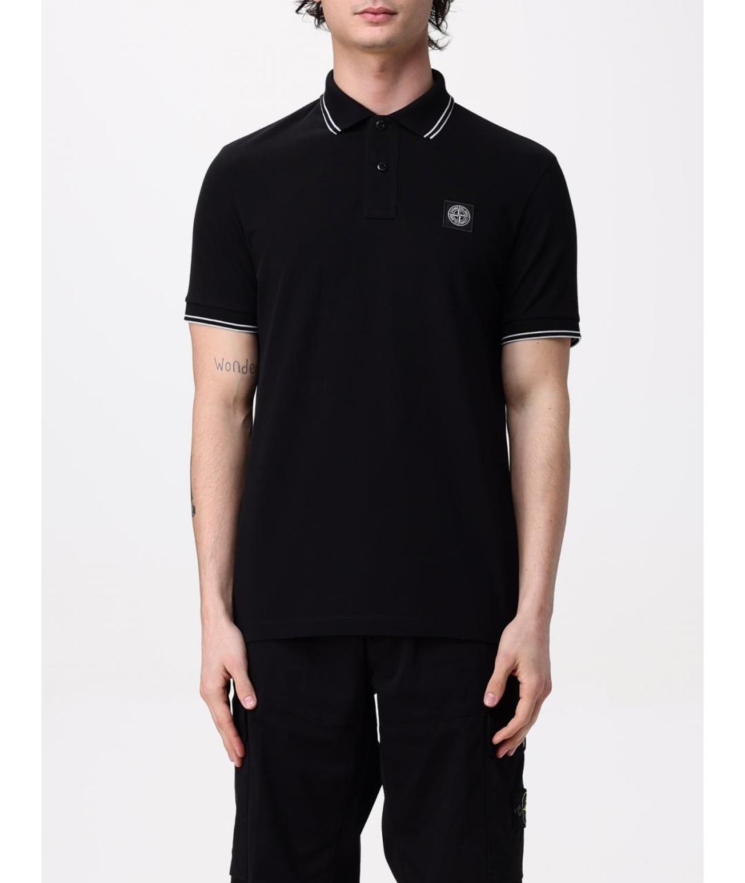 STONE ISLAND Черное хлопковое поло с коротким рукавом, фото 2