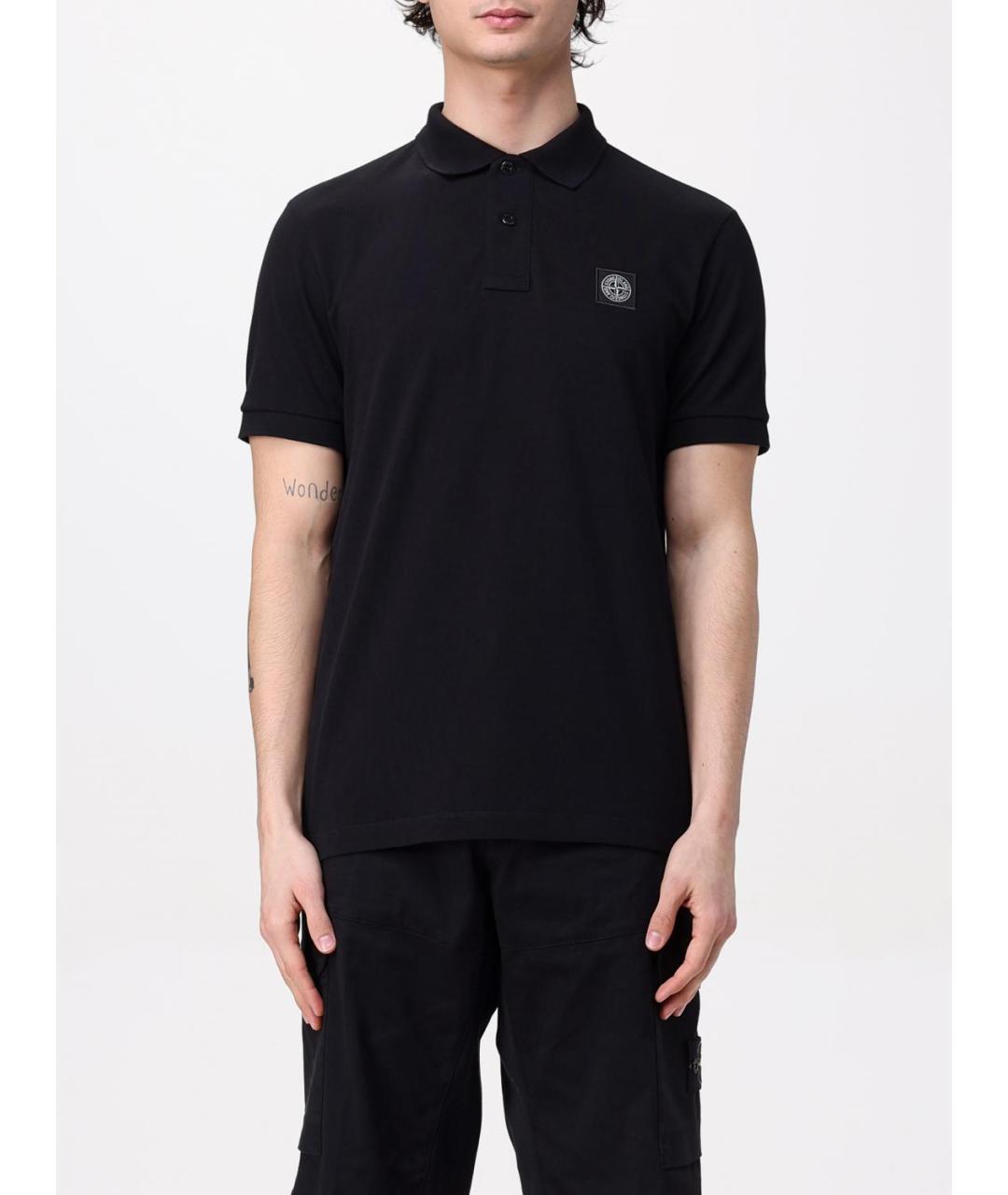 STONE ISLAND Черное хлопковое поло с коротким рукавом, фото 2