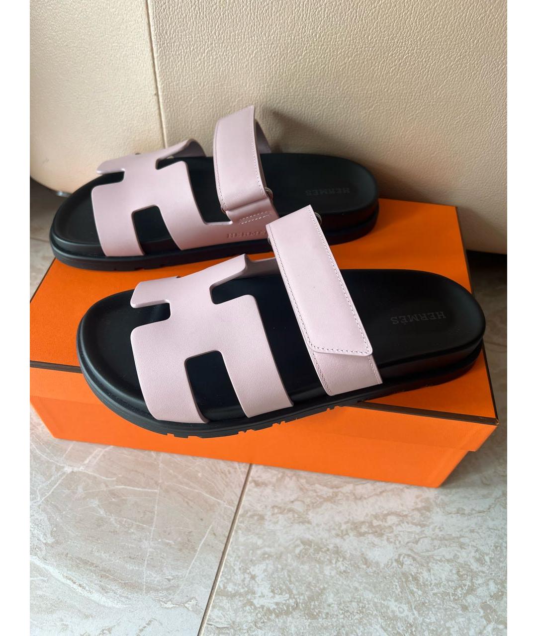 HERMES Розовые кожаные шлепанцы, фото 2