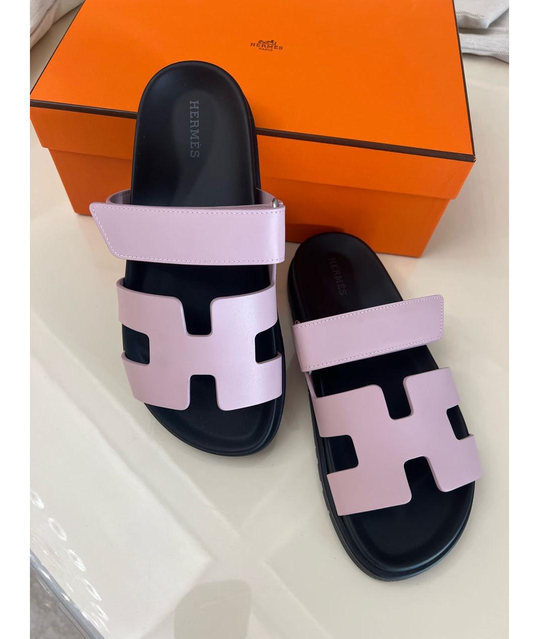 HERMES Розовые кожаные шлепанцы, фото 3
