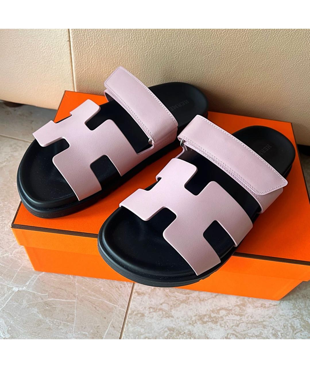 HERMES Розовые кожаные шлепанцы, фото 6