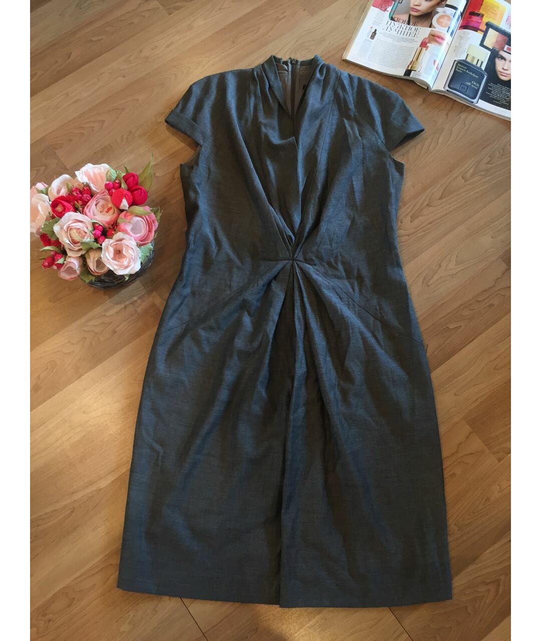 HUGO BOSS Серое хлопко-эластановое повседневное платье, фото 9