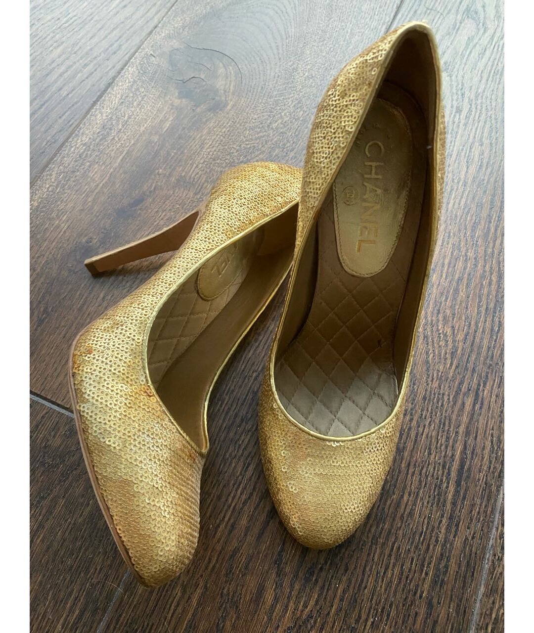 CHANEL PRE-OWNED Золотые текстильные туфли, фото 8