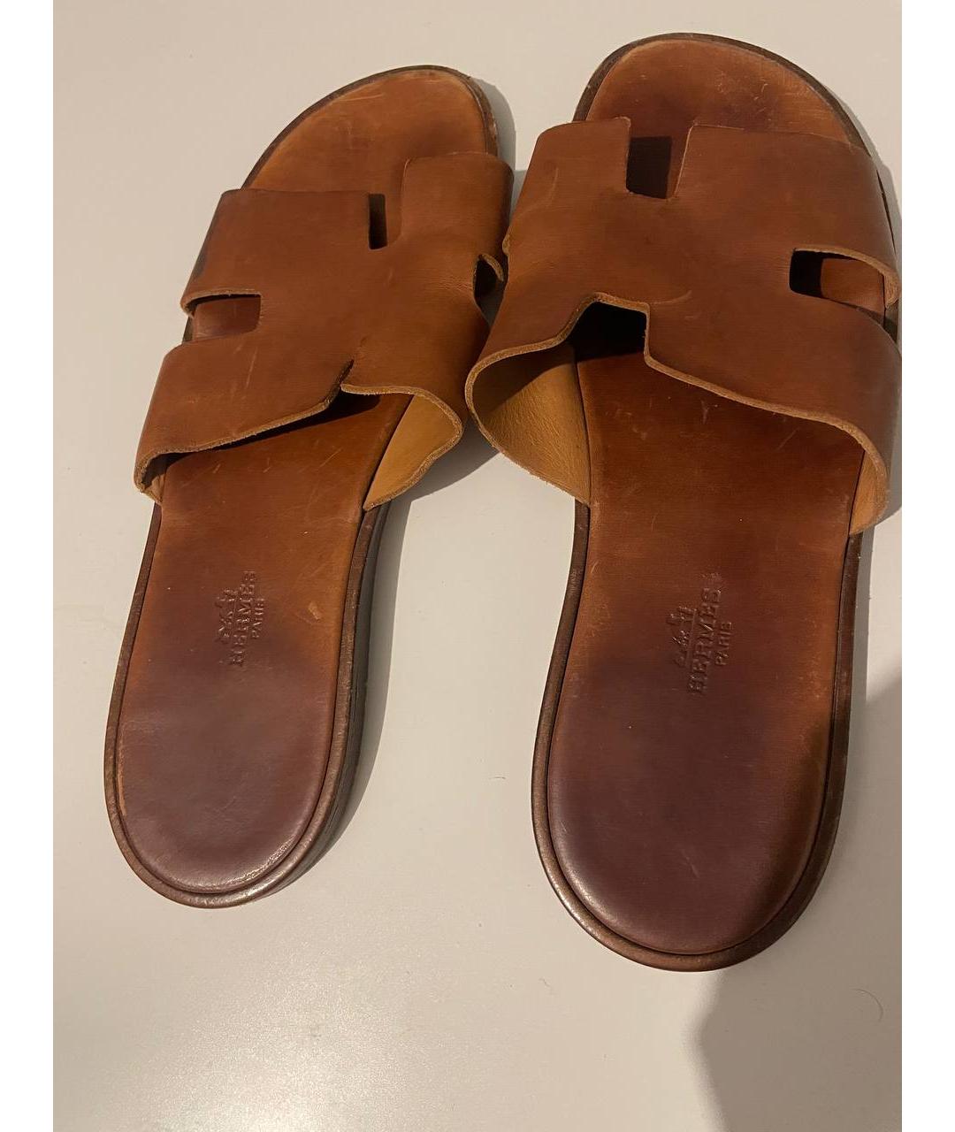 HERMES Коричневые кожаные шлепанцы, фото 3